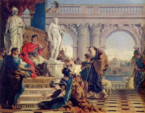 Mecenate offre le belle arti all'imperatore Augusto.